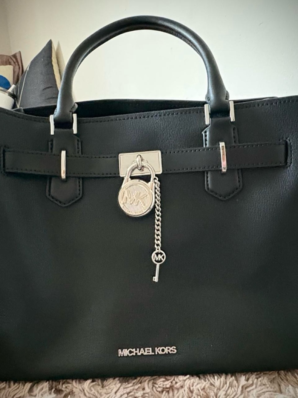 Michael Kors Black Leather Satchel with Signature Charm